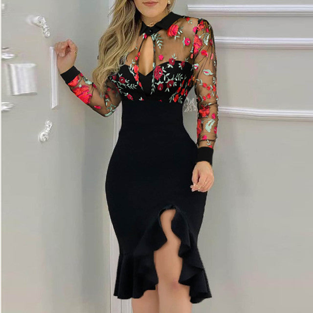 Embroidered Beaded Mesh Dress with Ruffled Sleeves
