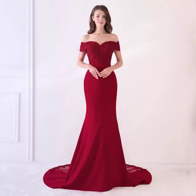 Long Mermaid Fitted Off-the-Shoulder Evening Gown