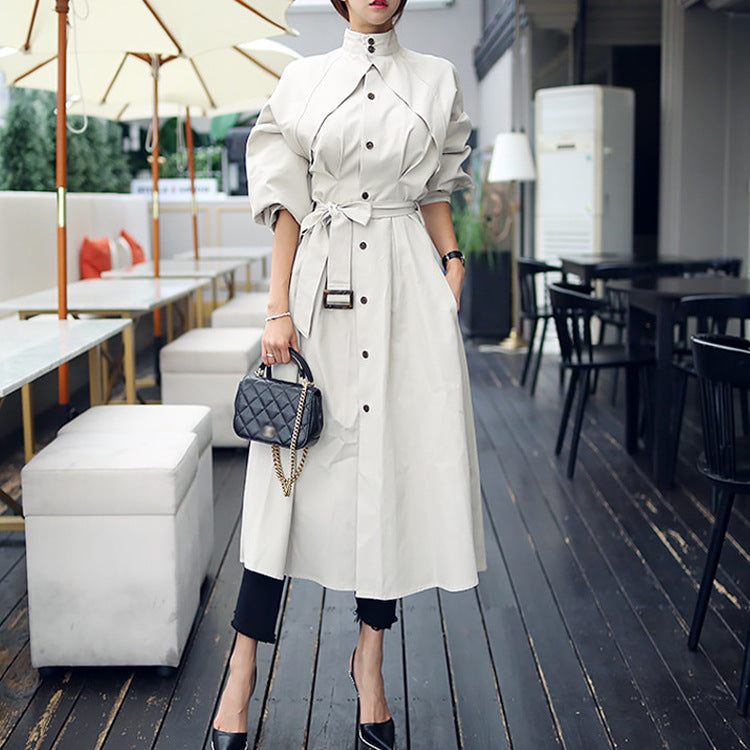 Fashionable Stand Collar Waist Dress Coat
