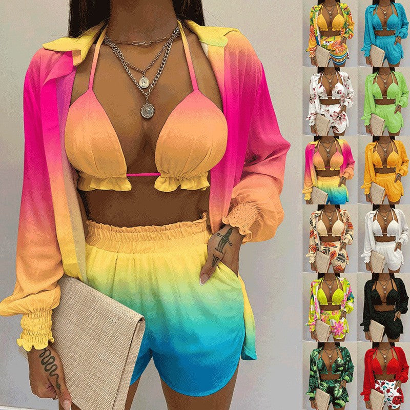 Tropical Print Lantern Sleeve Shirt and Shorts Set