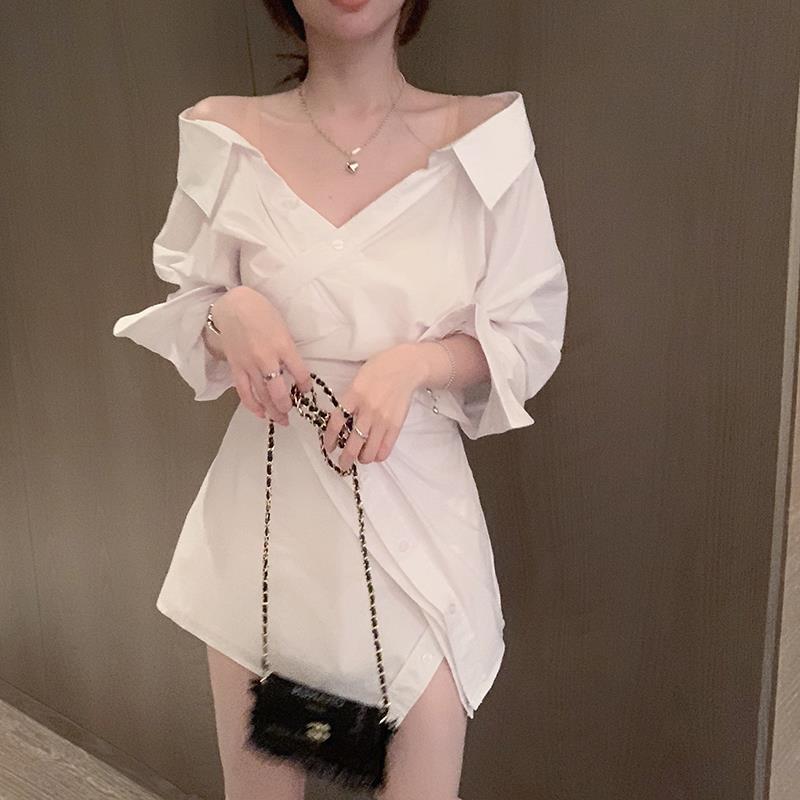 Gagarich Off Shoulder Slim Fit Summer Shirt Dress