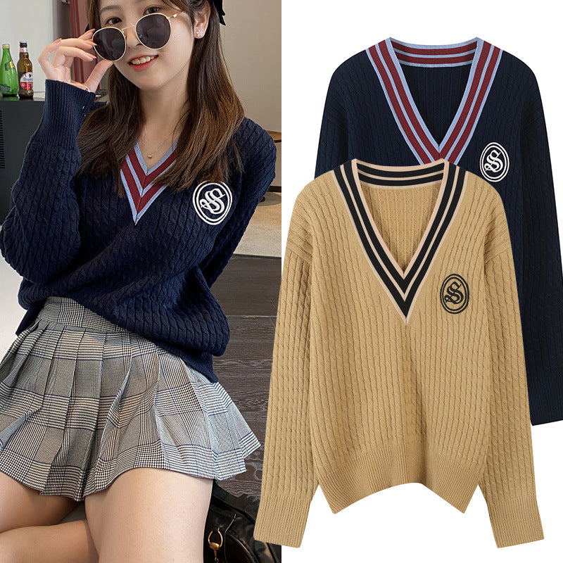 V-Neck Logo Knitted Sweater with Striped Trim for Women