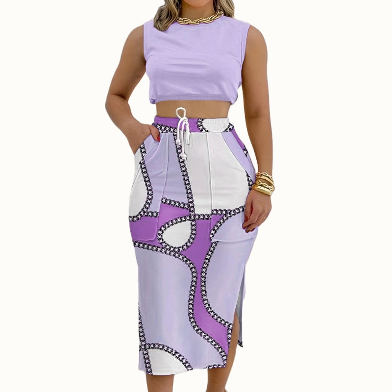 2pcs Trendy Sleeveless Vest and Slit Skirt Suit