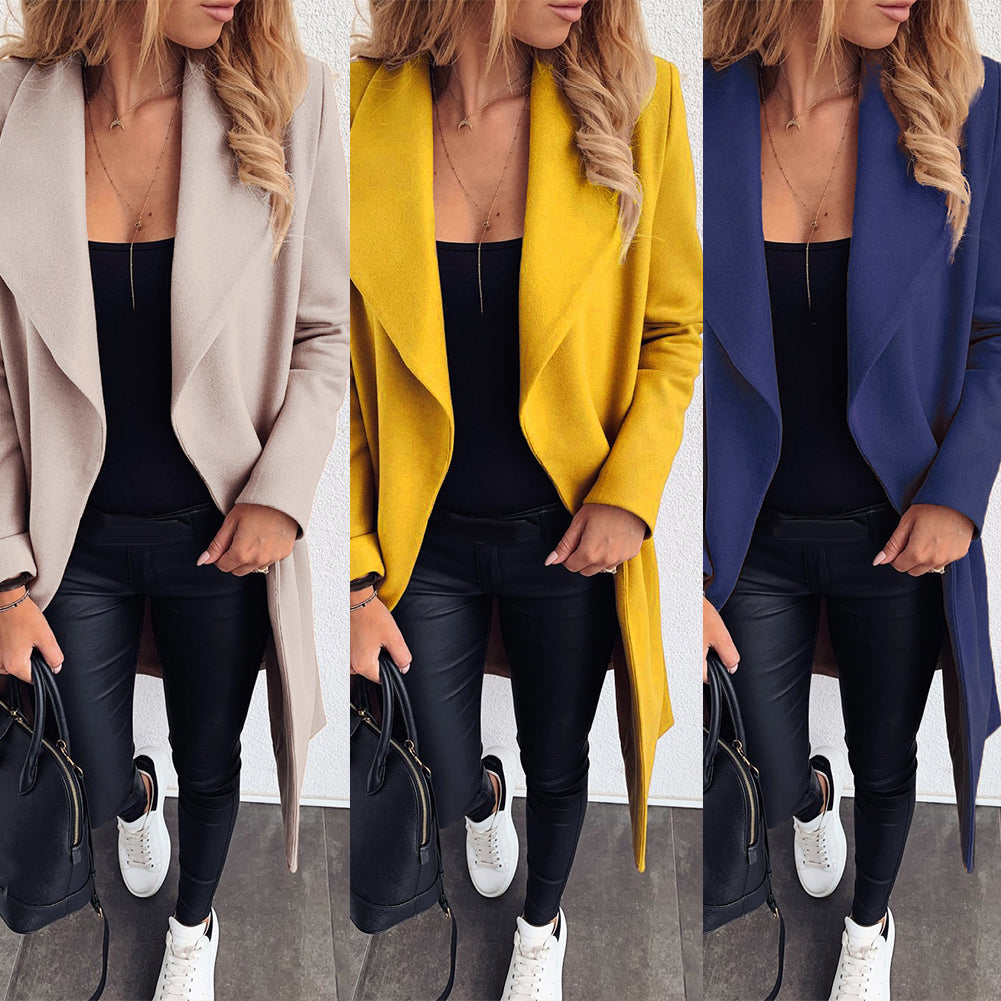 Women's Solid Color Wool Coat with Lace-Up Lapel