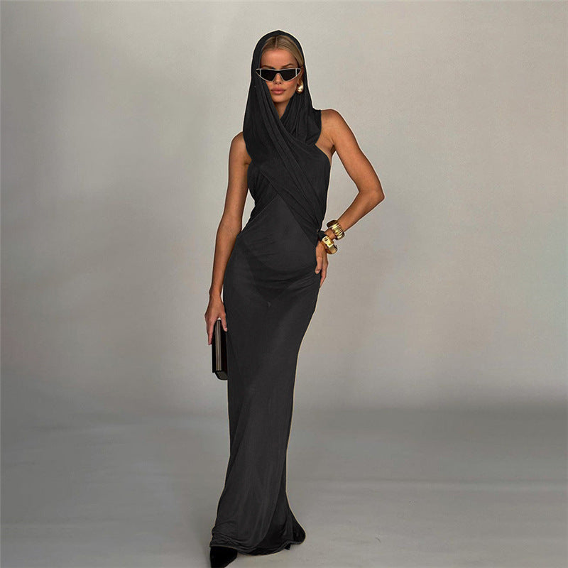 Sleeveless Hooded Backless High Waisted Slim Dress