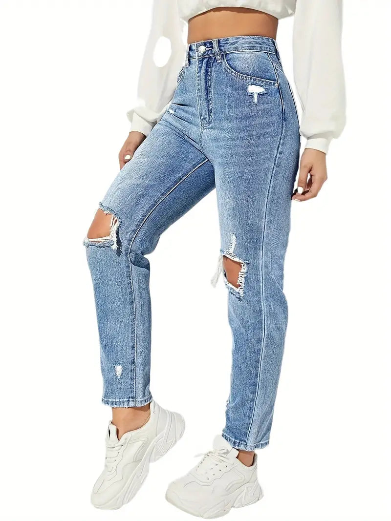 High Rise Ripped Knee Slim Fit Women's Denim Jeans