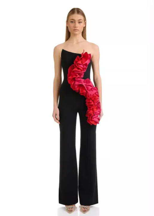 Red Applique Wide-Leg Bandage Jumpsuit