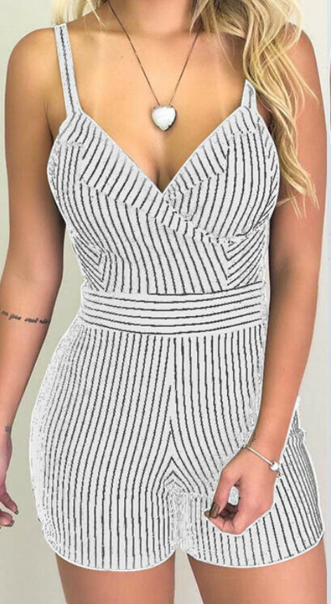 Striped V-Neck Slim Fit Romper Shorts