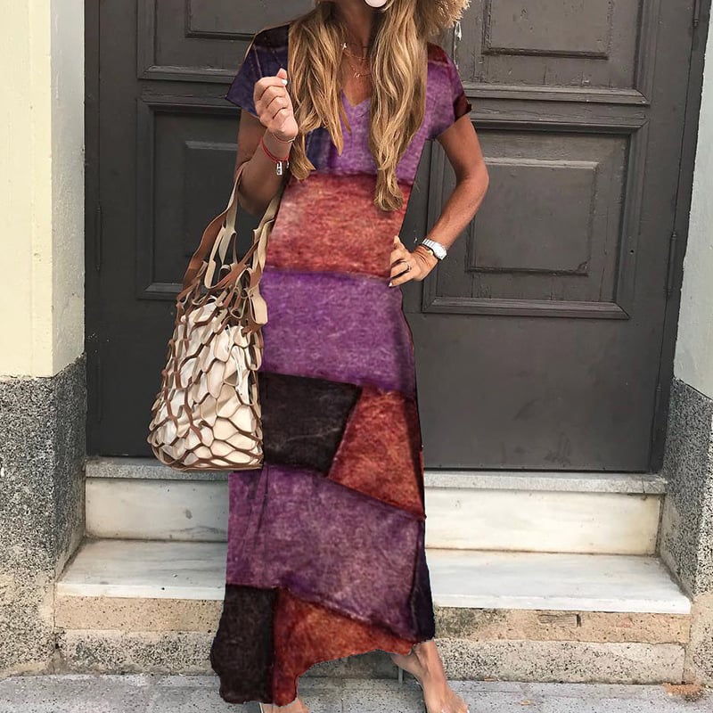 Bohemian Printed V-Neck Short Sleeve Dress