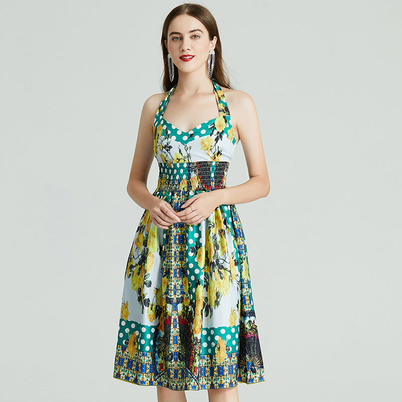 Tight-Waist Western-Style Print Holiday Dress