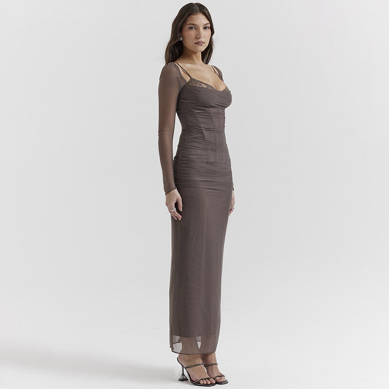 Elegant Mid-Length Dress with Lace and Mesh for 2024