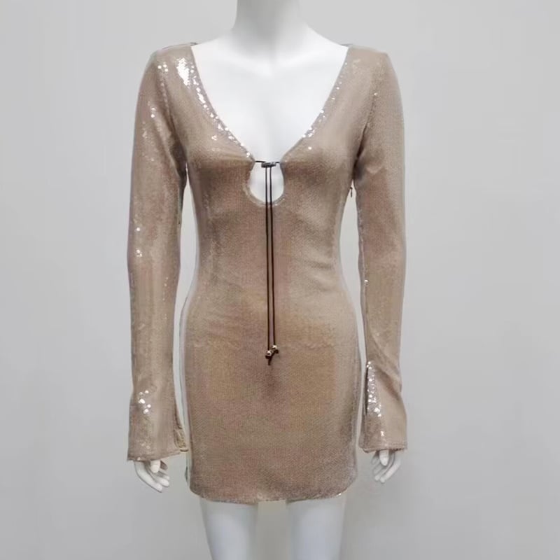 Sequined V-neck Mini Skirt with Flared Sleeves