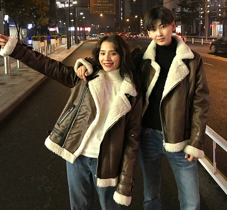 Sheepskin Collar Unisex Suede Motorcycle Jacket