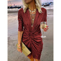 V-neck Pleated Long Sleeve Dress for Spring/Summer