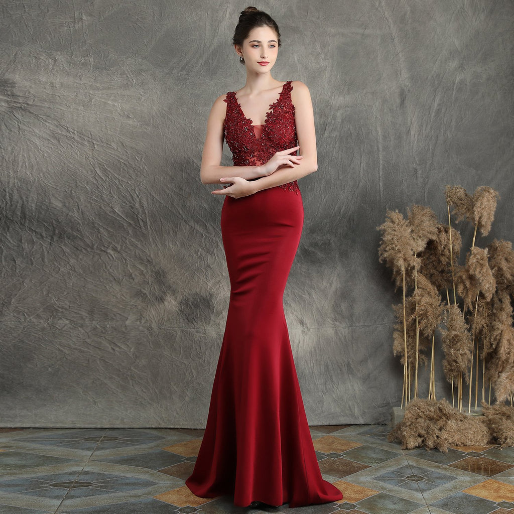 Beaded Appliqué Long Toast Dress for Bride