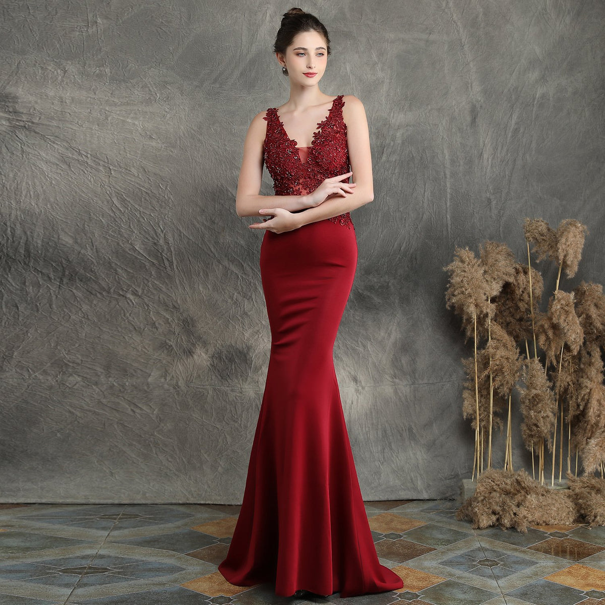 Beaded Appliqué Long Toast Dress for Bride