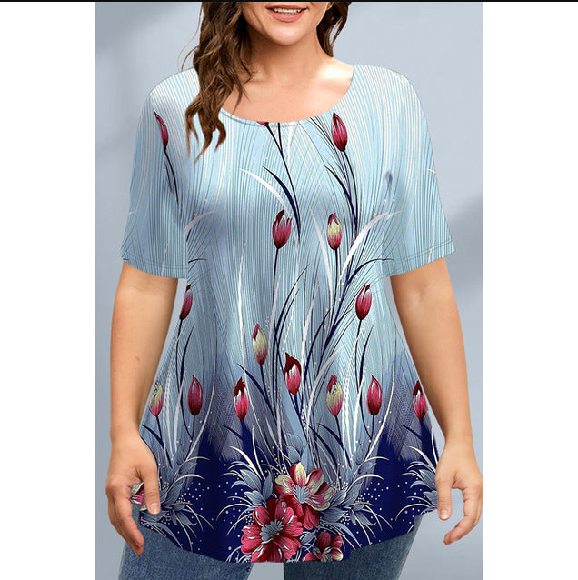 2023 Plus Size Loose Graphic Tee with Asymmetrical Hem