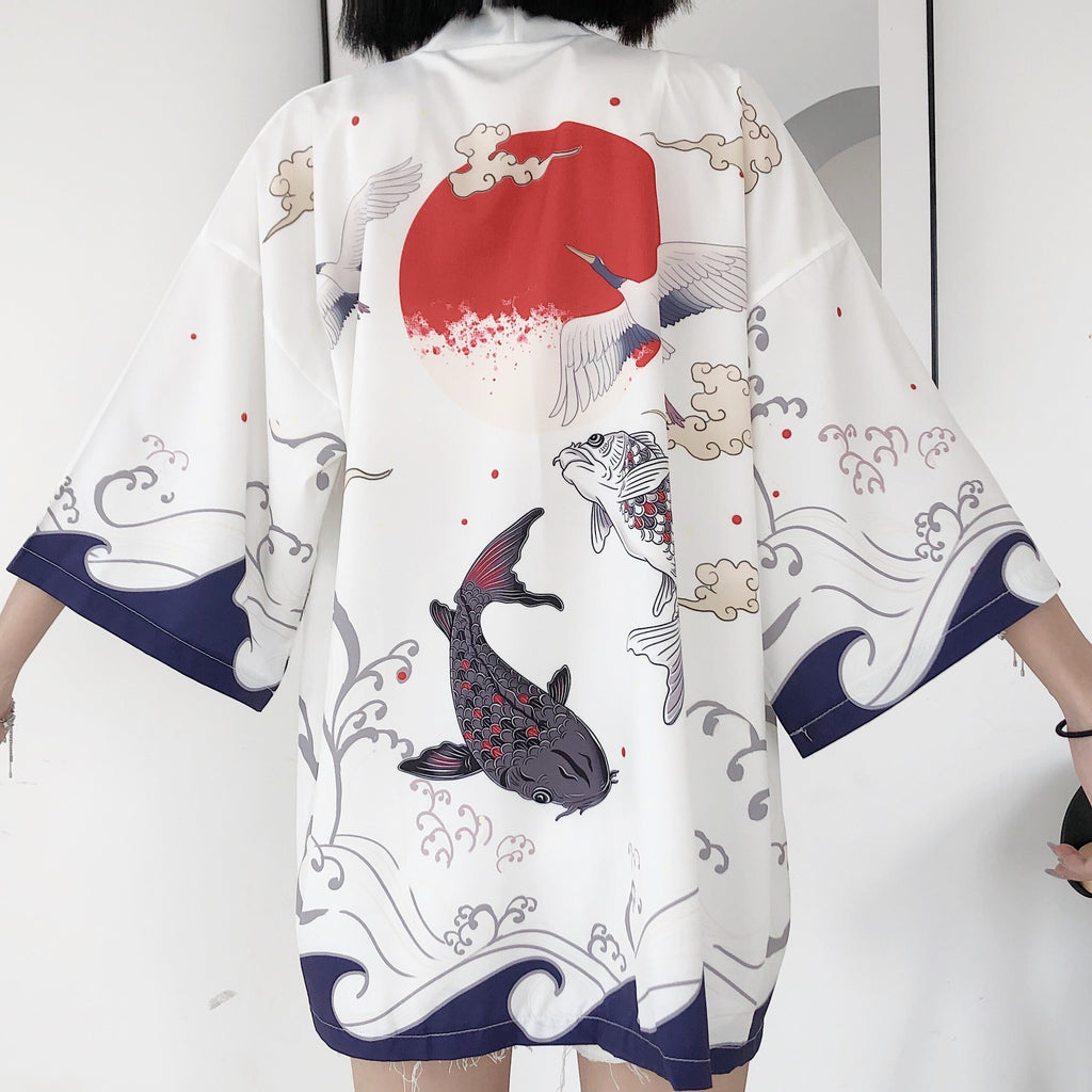 Summer Chinese Style Fish Print Sun Protection Kimono Set