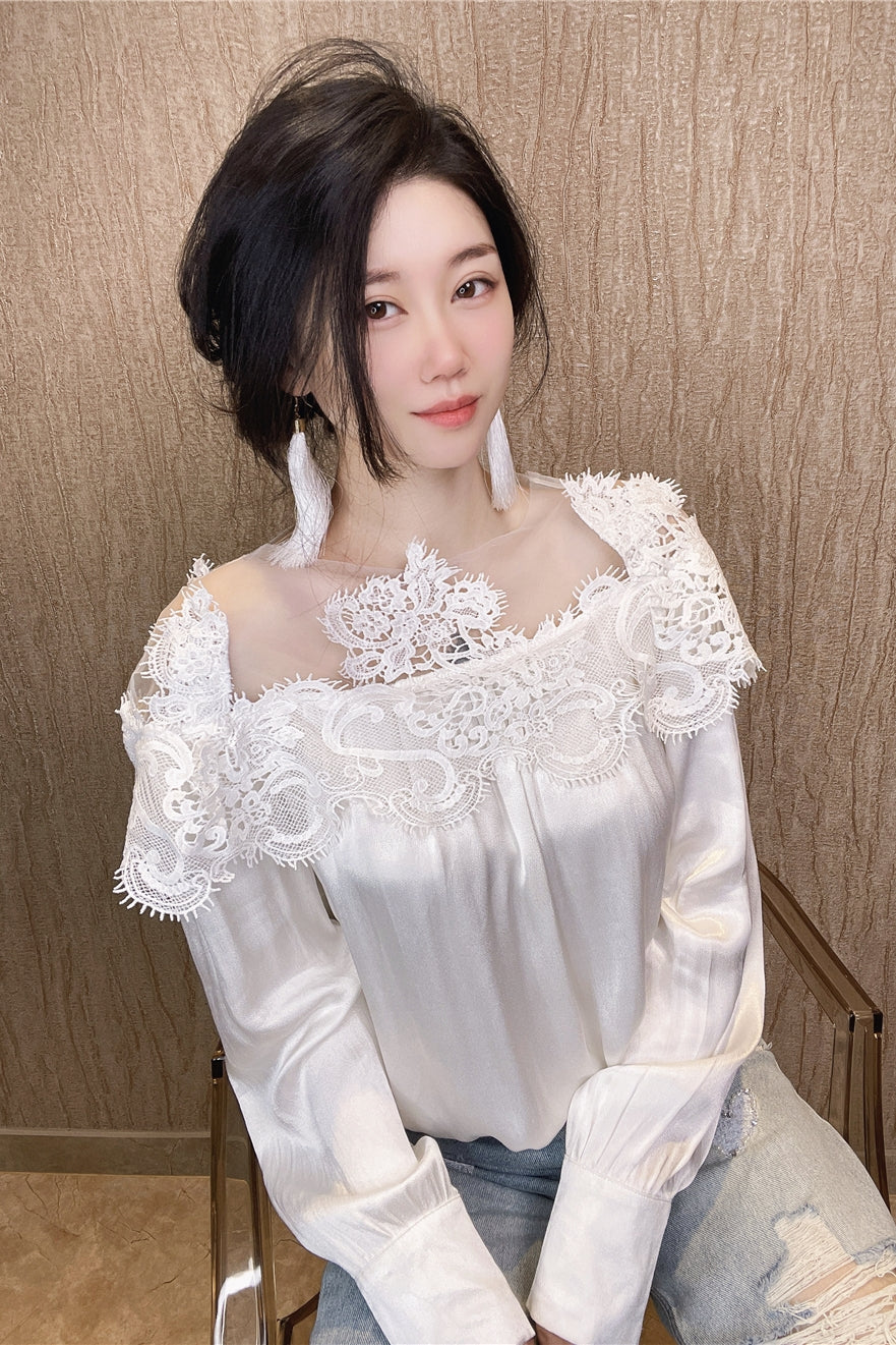 2023 Off-Shoulder Satin Silk Mesh Blouse for Women