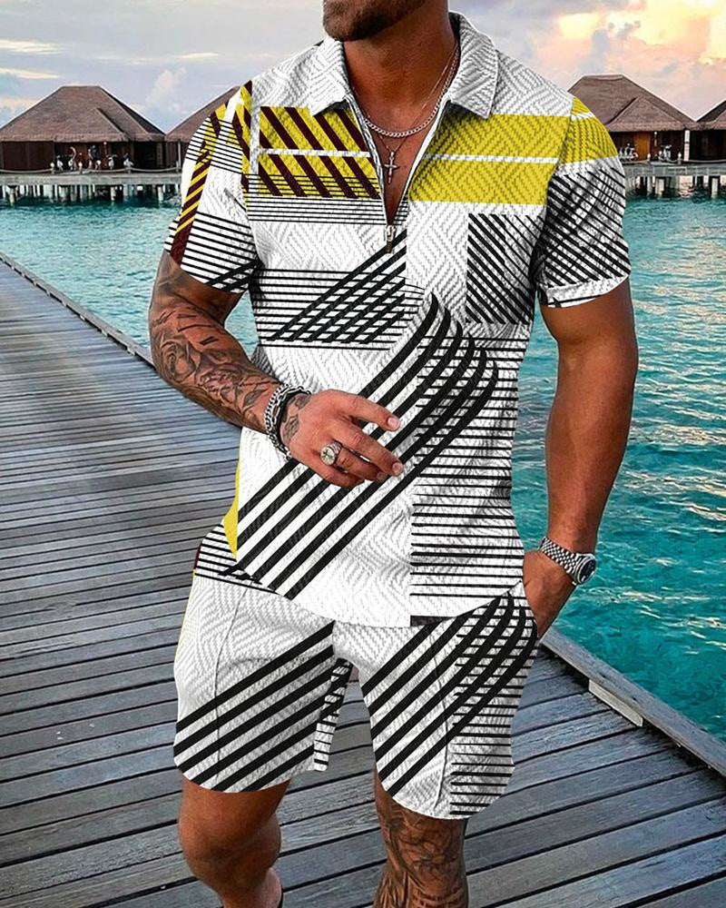 Men's Casual 3D Printed Polo Shirt and Shorts Set