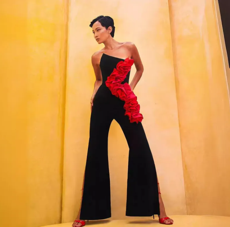 Red Applique Wide-Leg Bandage Jumpsuit