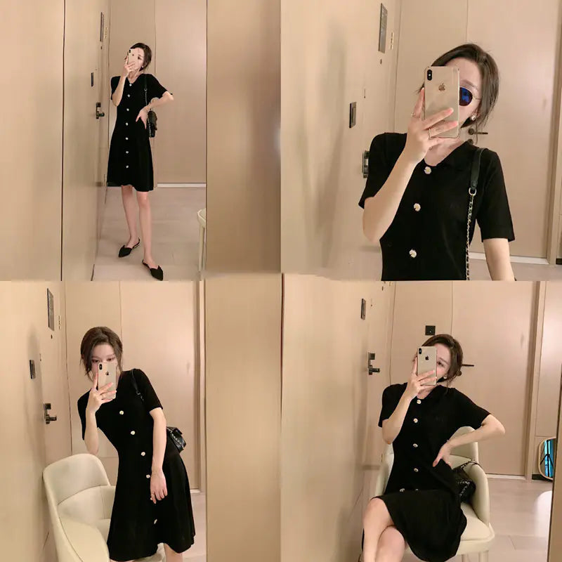Vintage Plain Short Sleeve Knit Dress for Women