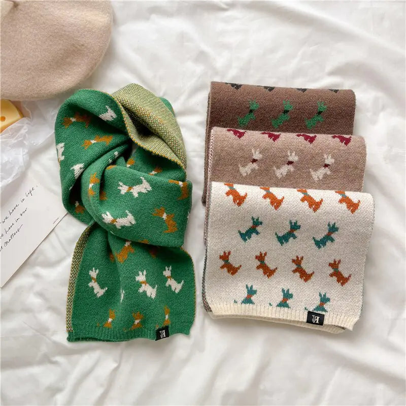 Wool Blend Animal Print Winter Scarf with Bow for Women