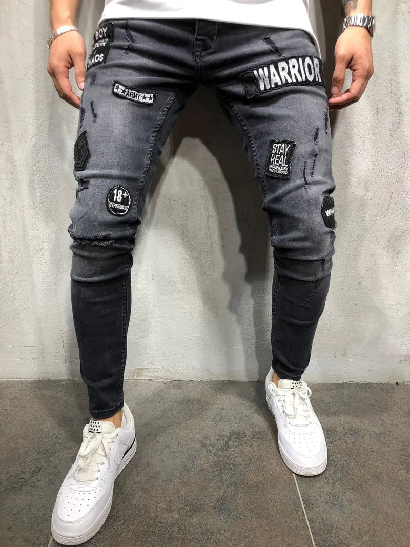 Men's Zippered Ripped Knee Slim Fit Motorcycle Jeans