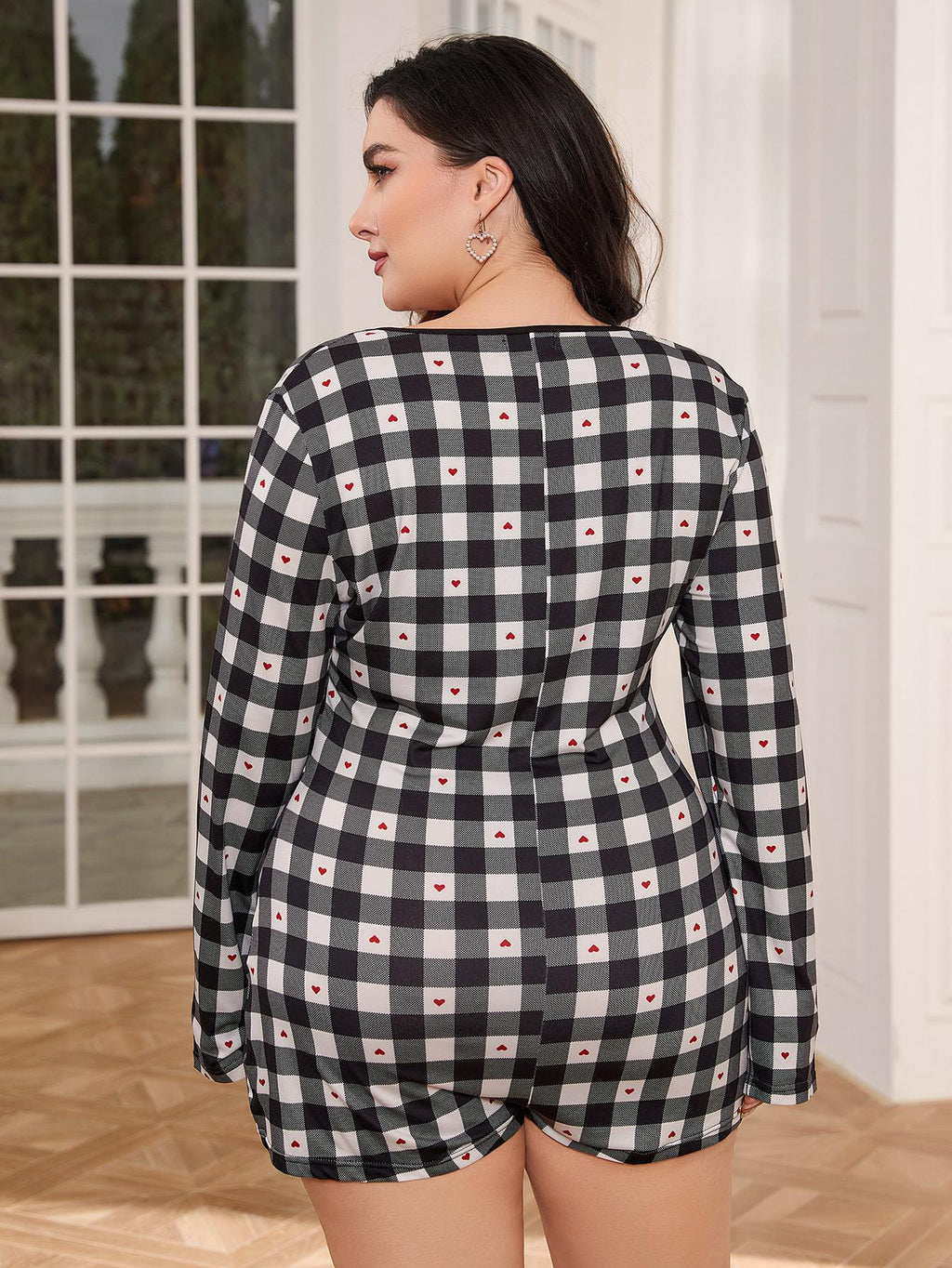 Plus Size Long Sleeve Plaid Heart Print Jumpsuit