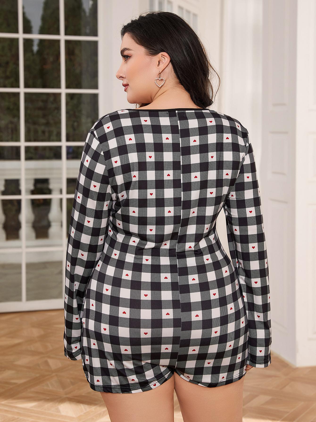 Plus Size Long Sleeve Plaid Heart Print Jumpsuit
