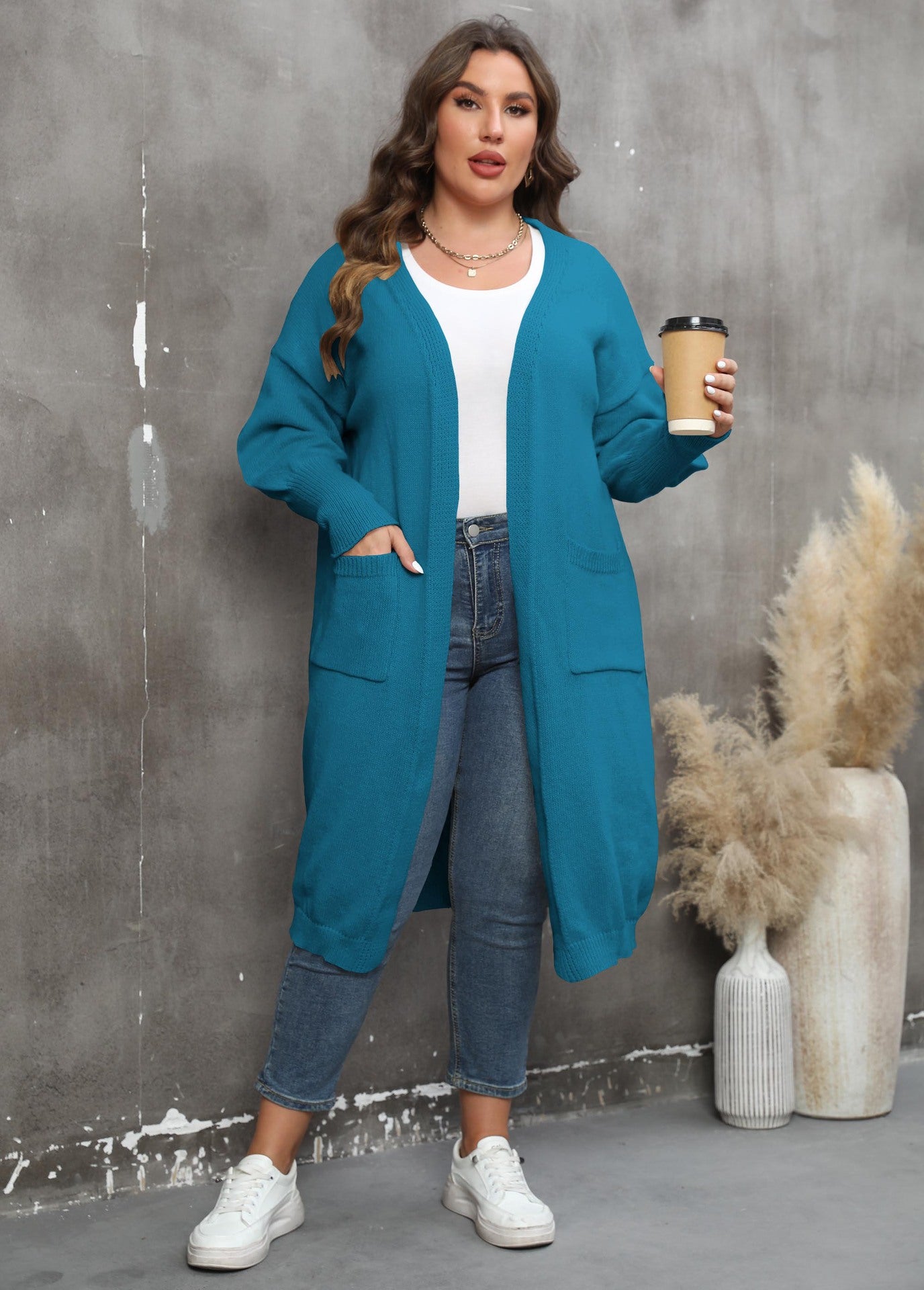 Large Loose Mid-Length Woven Sweater Coat with Pockets