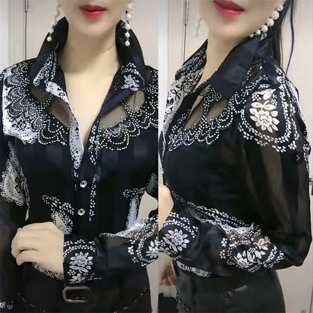 Lace Chiffon Summer Blouse with Printed Button Panel