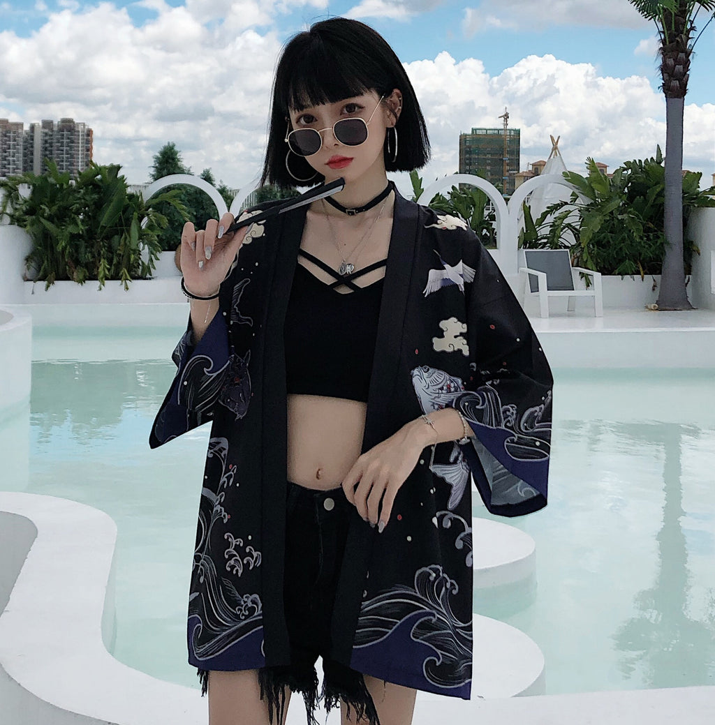 Summer Chinese Style Fish Print Sun Protection Kimono Set