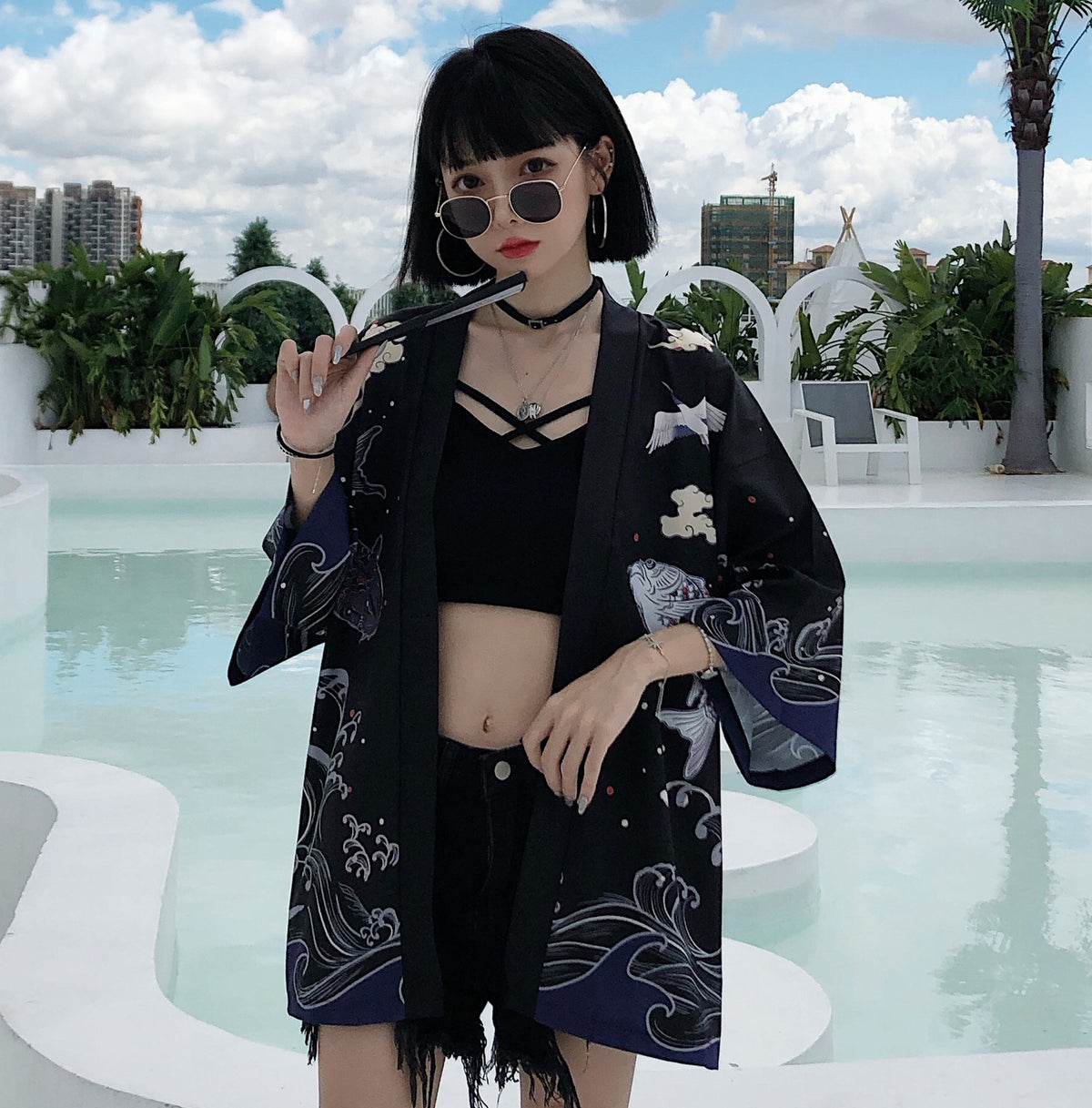 Summer Chinese Style Fish Print Sun Protection Kimono Set