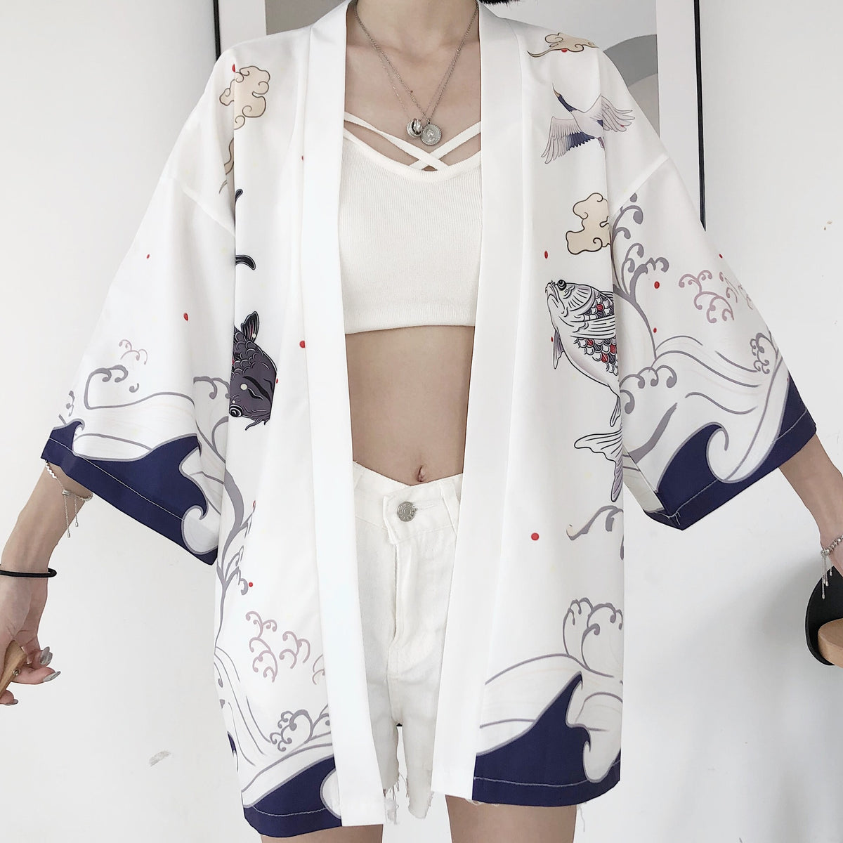 Summer Chinese Style Fish Print Sun Protection Kimono Set