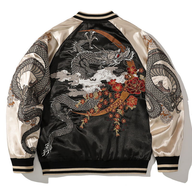 Japanese Dragon Embroidered Bomber Jacket for Men