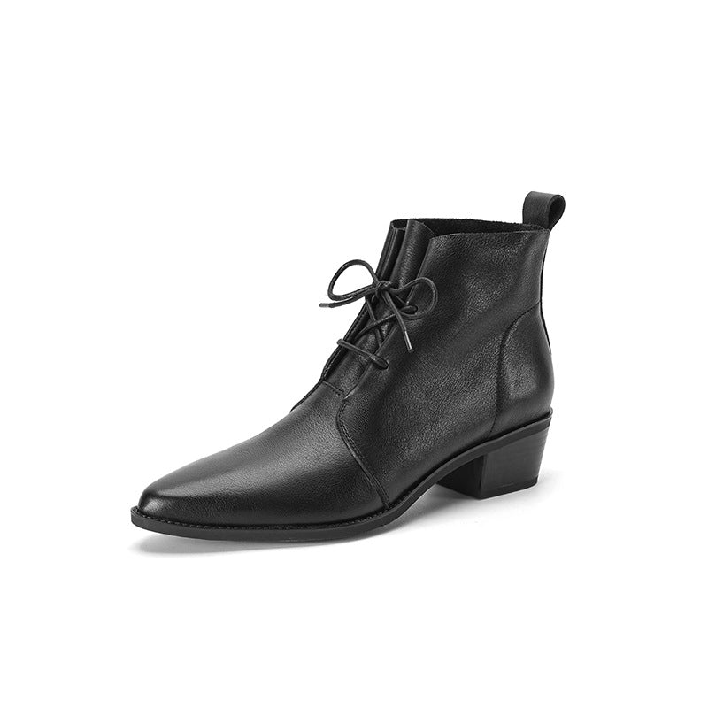 Pointed-Toe Lace Chunky Heel Cowhide Martin Boots