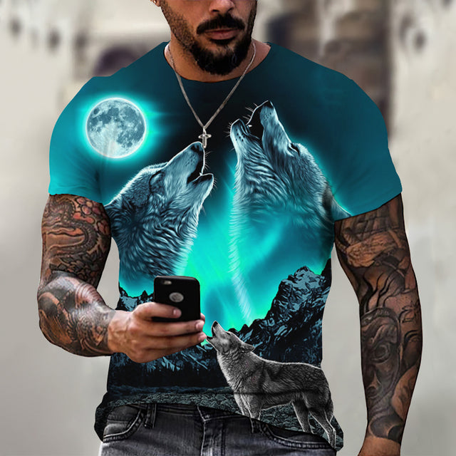 Men's Casual Short Sleeve T-Shirt with Wolf Pattern