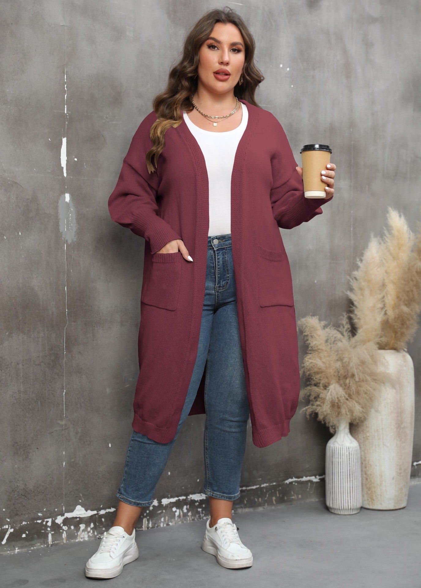 Large Loose Mid-Length Woven Sweater Coat with Pockets