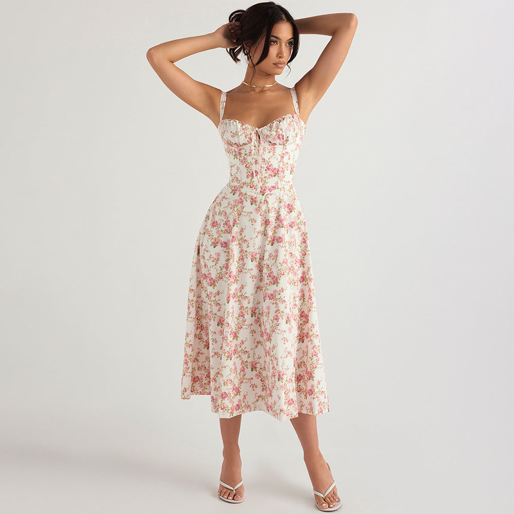 Sexy Backless Floral Midi Dress for Vacation Style