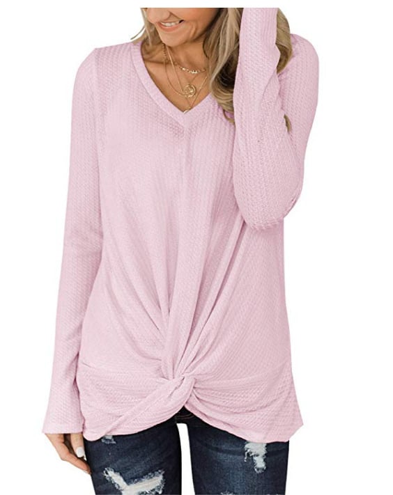 Waffle V-neck Long Sleeve Twisted Knit Top