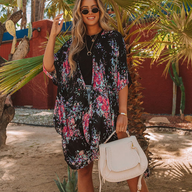 Mid-Length Slit Chiffon Printed Sun Blouse