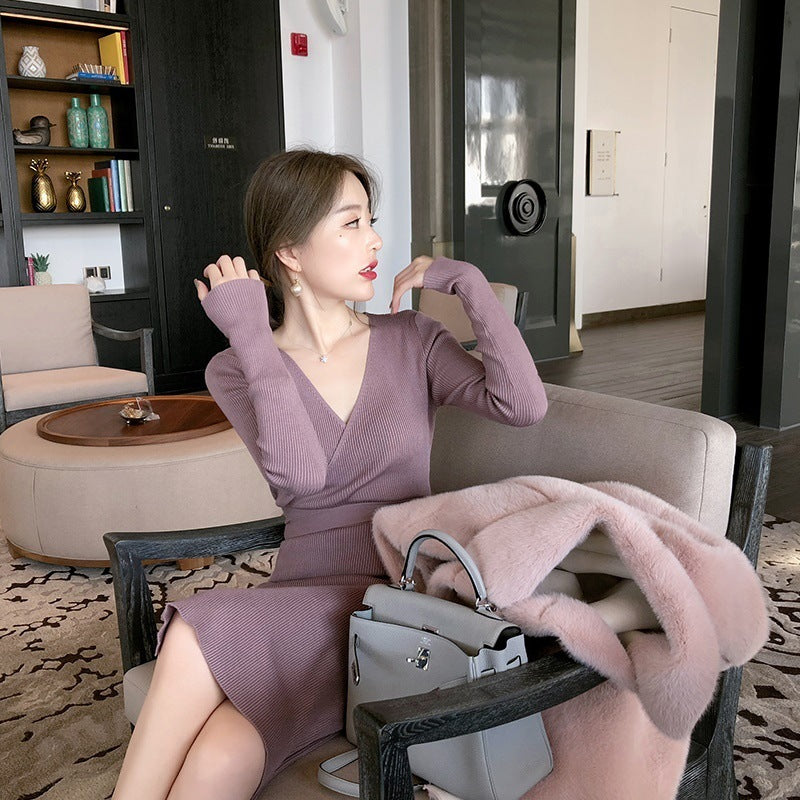 Audrey Hepburn Style Slim Fit Knit Dress with Slit