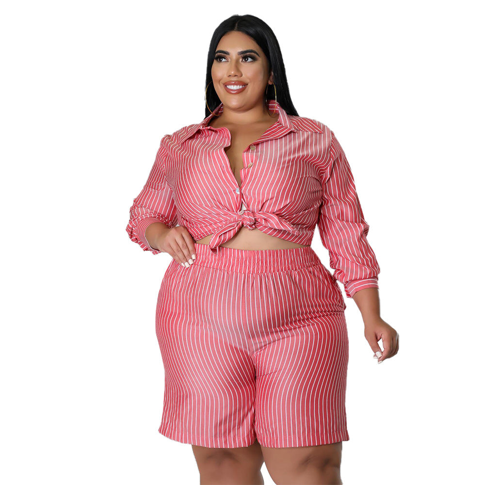 Casual Women's Stripe Print Summer Shirt Set