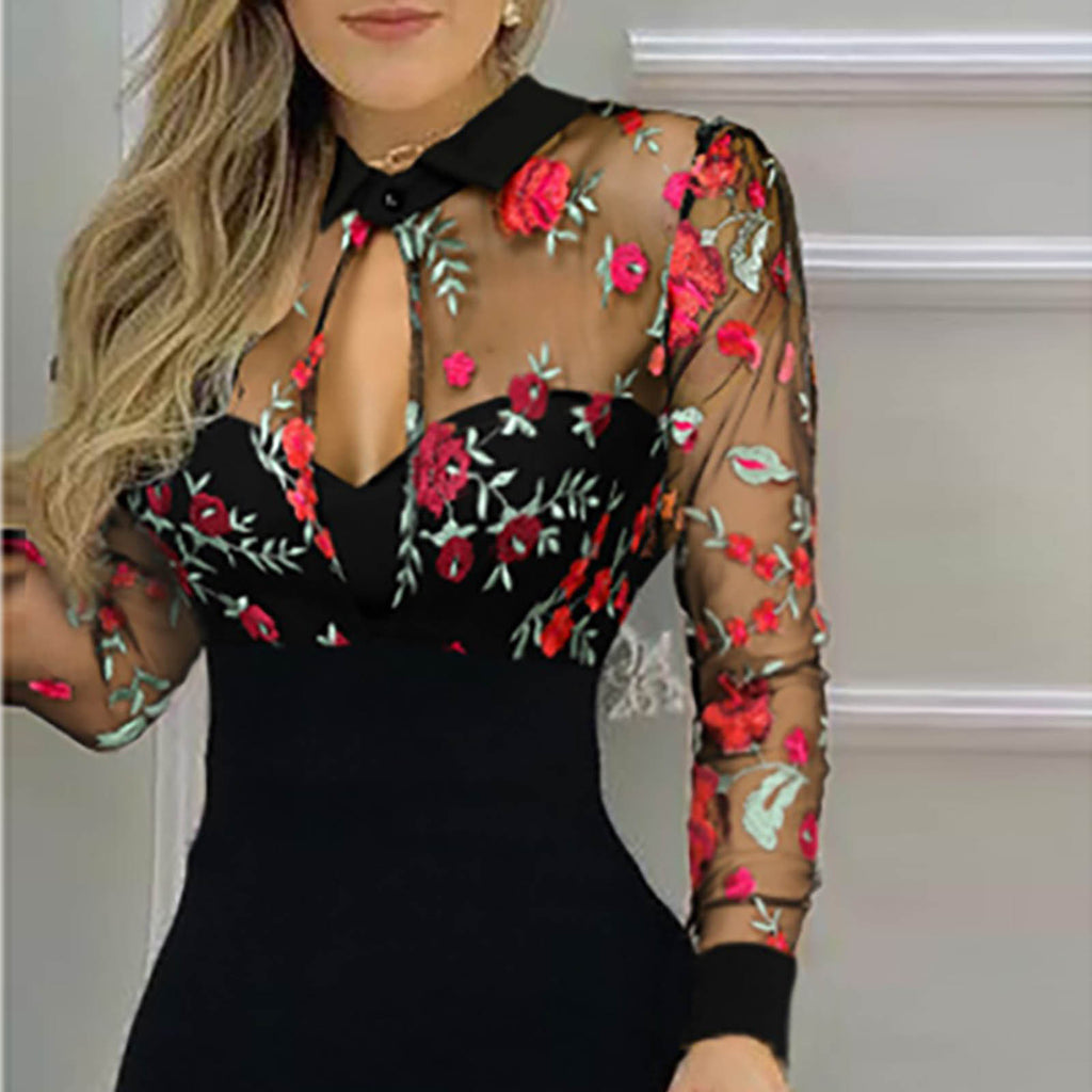 Embroidered Beaded Mesh Dress with Ruffled Sleeves