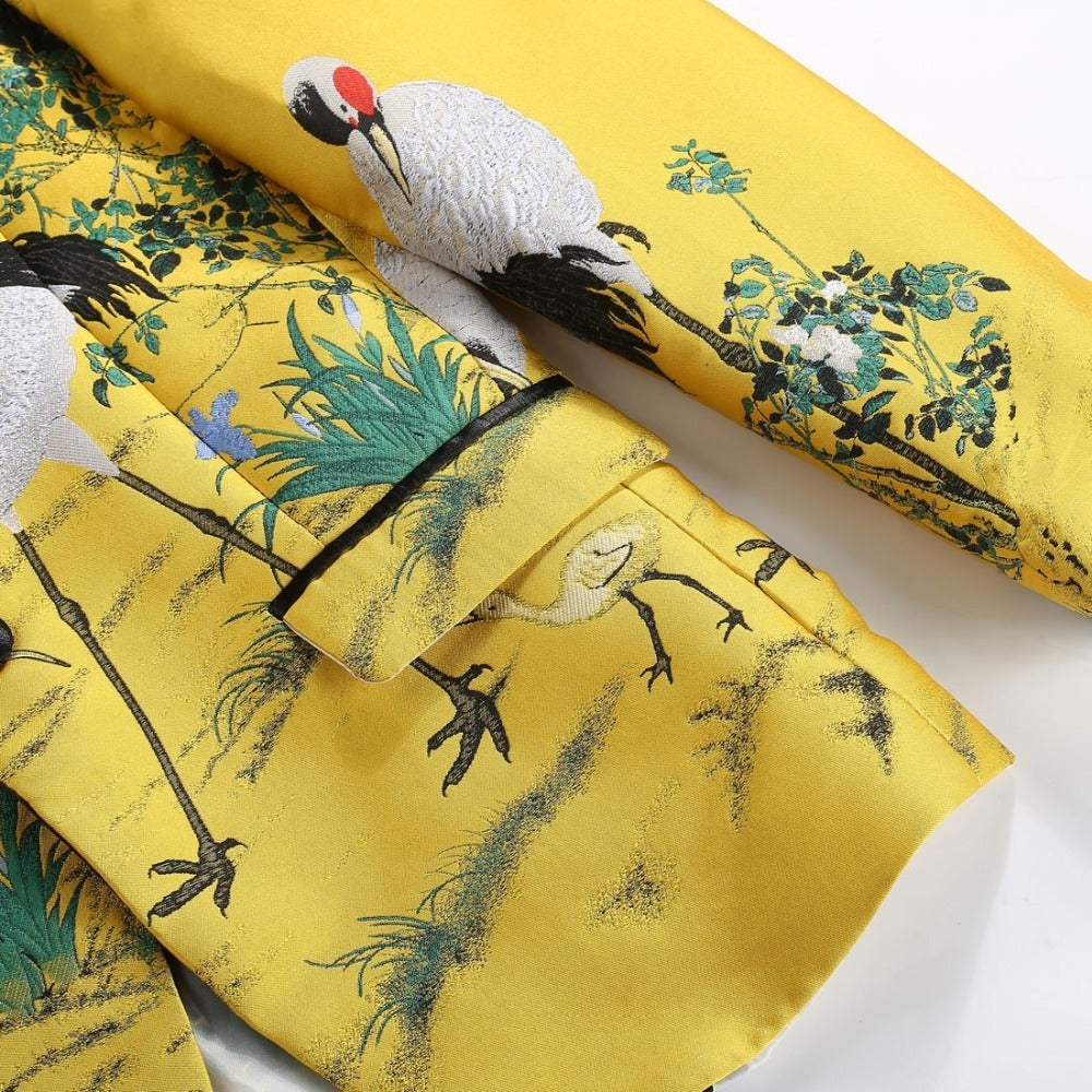 Men's Gold Yellow 4-Piece Jacquard Suit Set with Crane Pattern