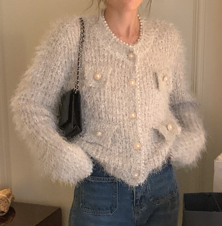 T6084 Pearl Shiny Yarn Cardigan Sweater