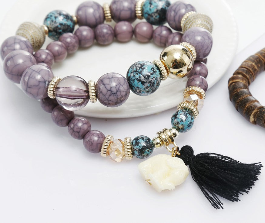 Stylish Elephant Charm Beaded Bracelet with Tassels
