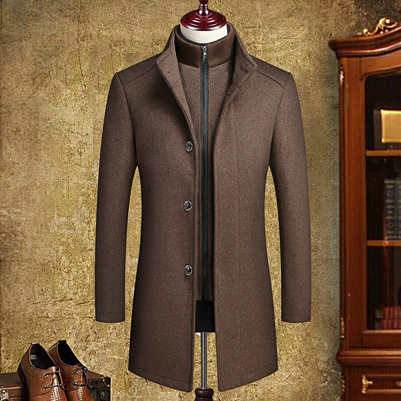 Men's Mid-Length Woolen Coat with Detachable Liner