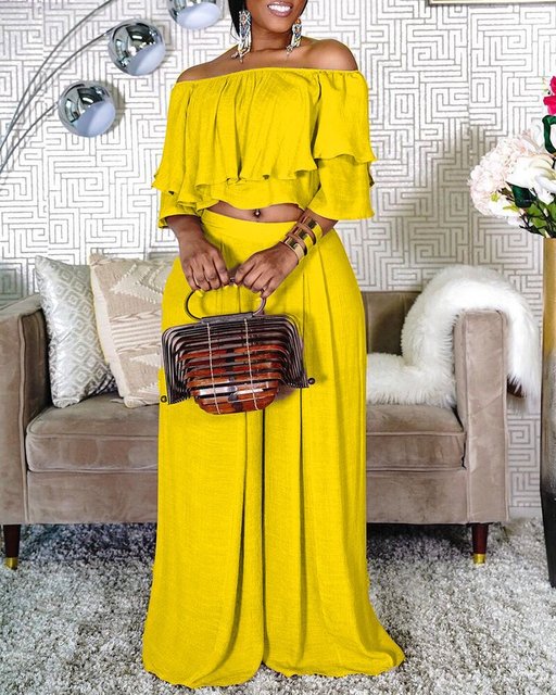 Plus Size 2 Piece Off Shoulder Crop Top & Wide Leg Pants